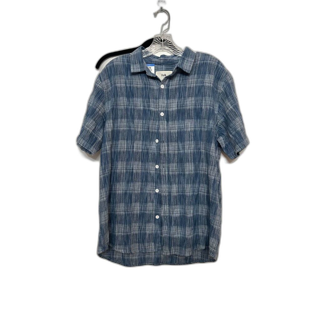 Folk Men’s Blue Check Camp Collar Short Sleeve Shirt Size M 100% Cotton